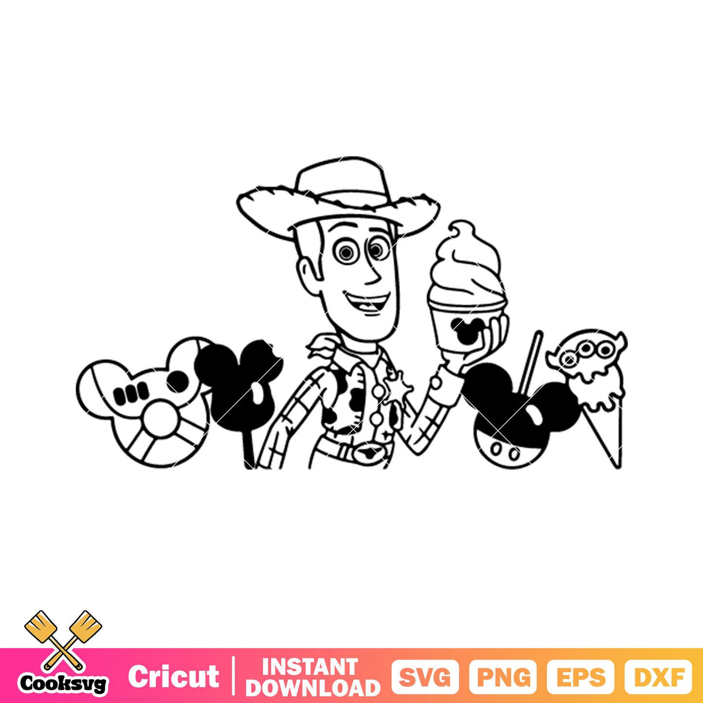 Cowboy woody svg, mickey mouse donuts​ svg, creepy smile svg
