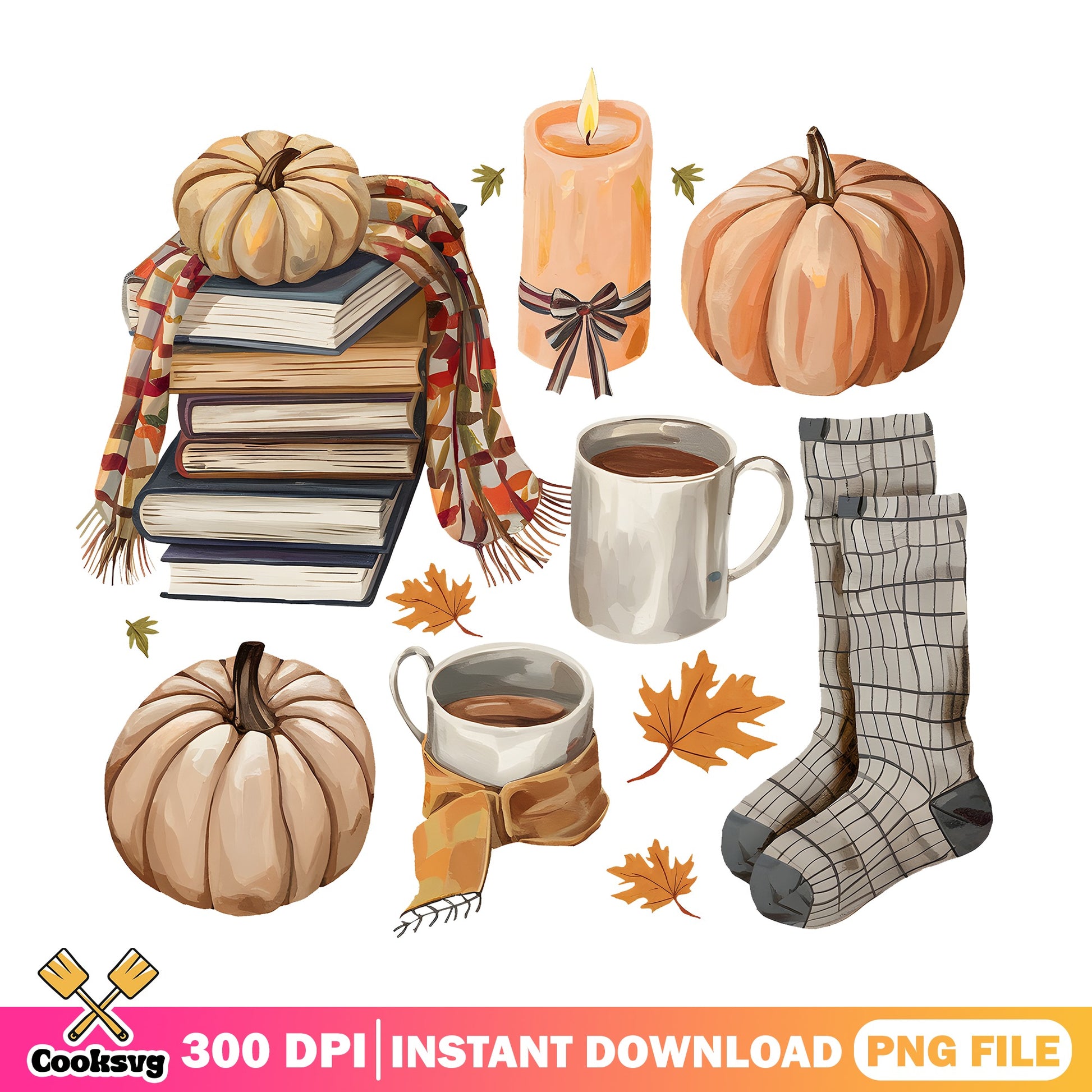 Cozy Fall Clipart PNG Bundle, Autumn Pumpkin PNG, Thanksgiving PNG