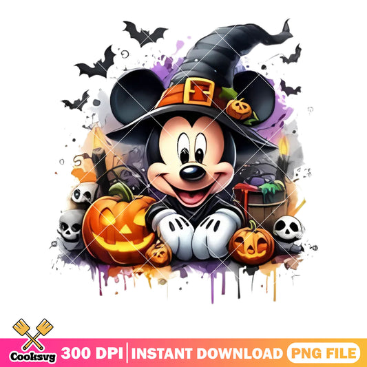 Creepy Mickey pumpkin png, witch hat ​png, scary halloween night png
