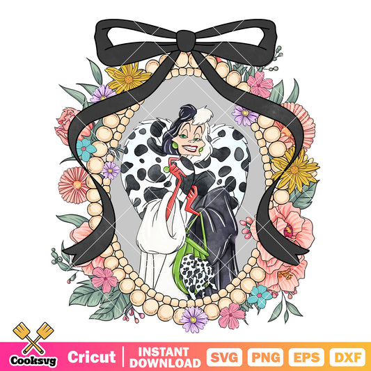 Cruella De Vil in black bow tie mirror png, cruella de vil​ png
