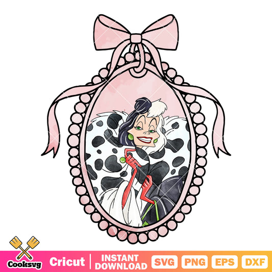 Cruella De Vil in pink bow tie mirror png, cruella de vil​ png
