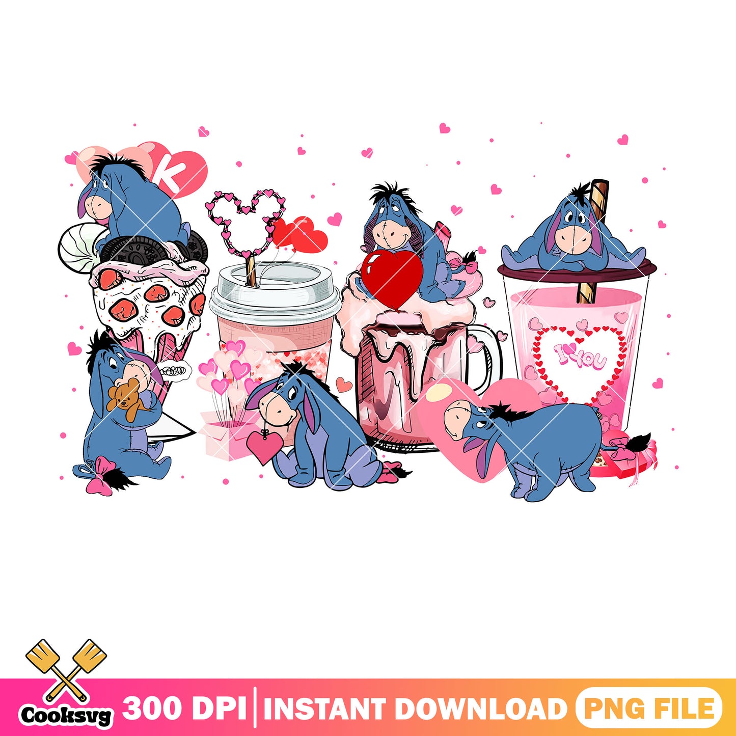 Cute Eeyore pink coffee valentine png, coffee valentine png