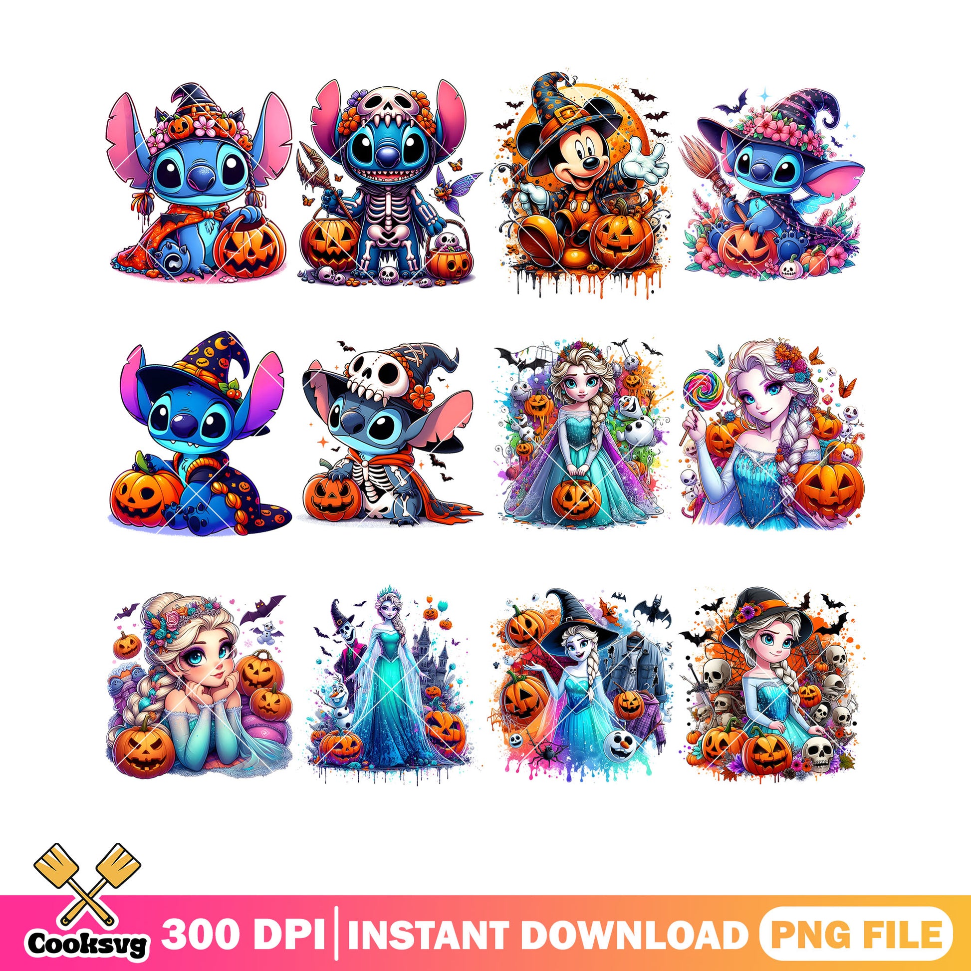 Cute Stich halloween png bundle, mickey mouse png, elsa princess png