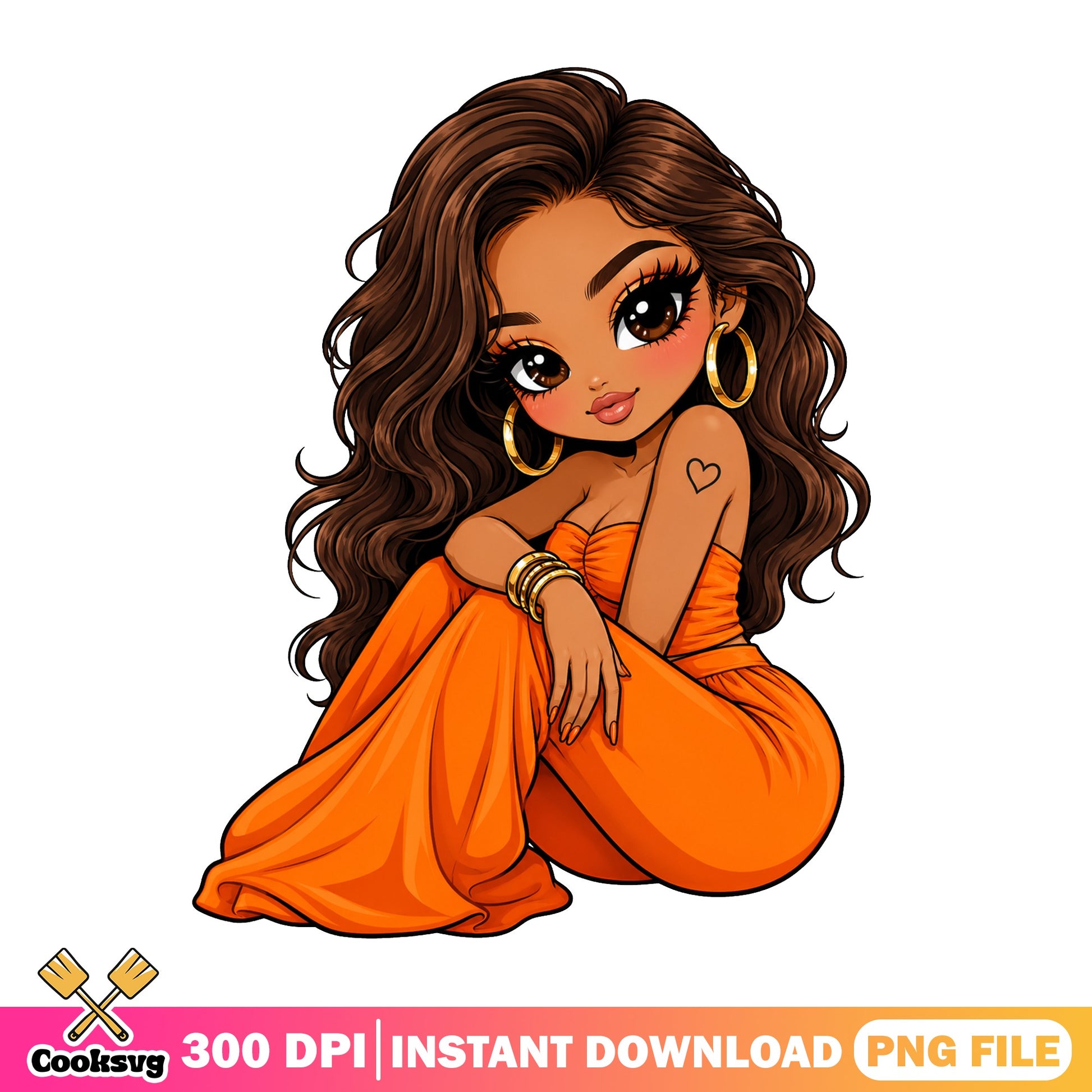 Cute Black Girl Orange Dress PNG, Melanin Girl PNG, Afro Girl PNG