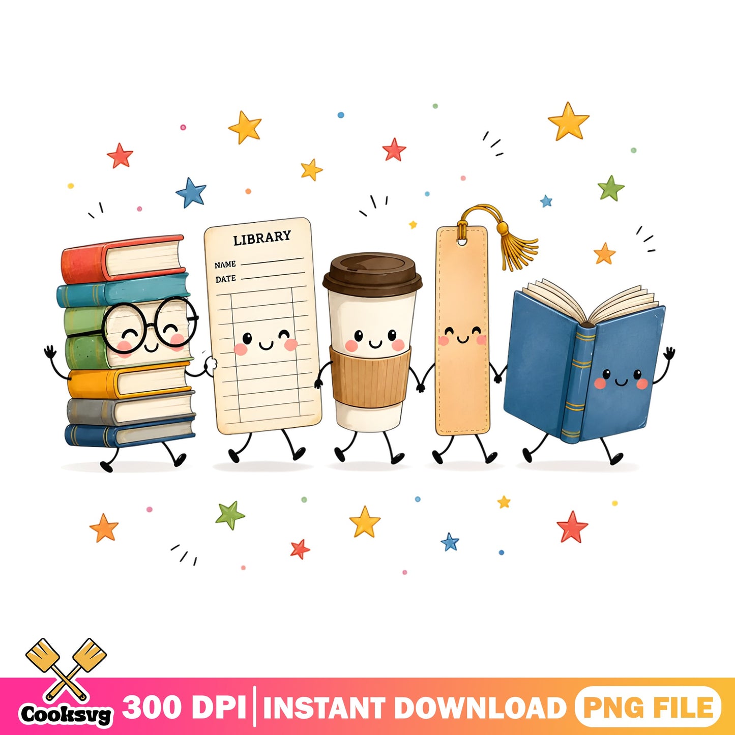 Cute Book Characters Library PNG, Book Lover PNG, Teacher PNG