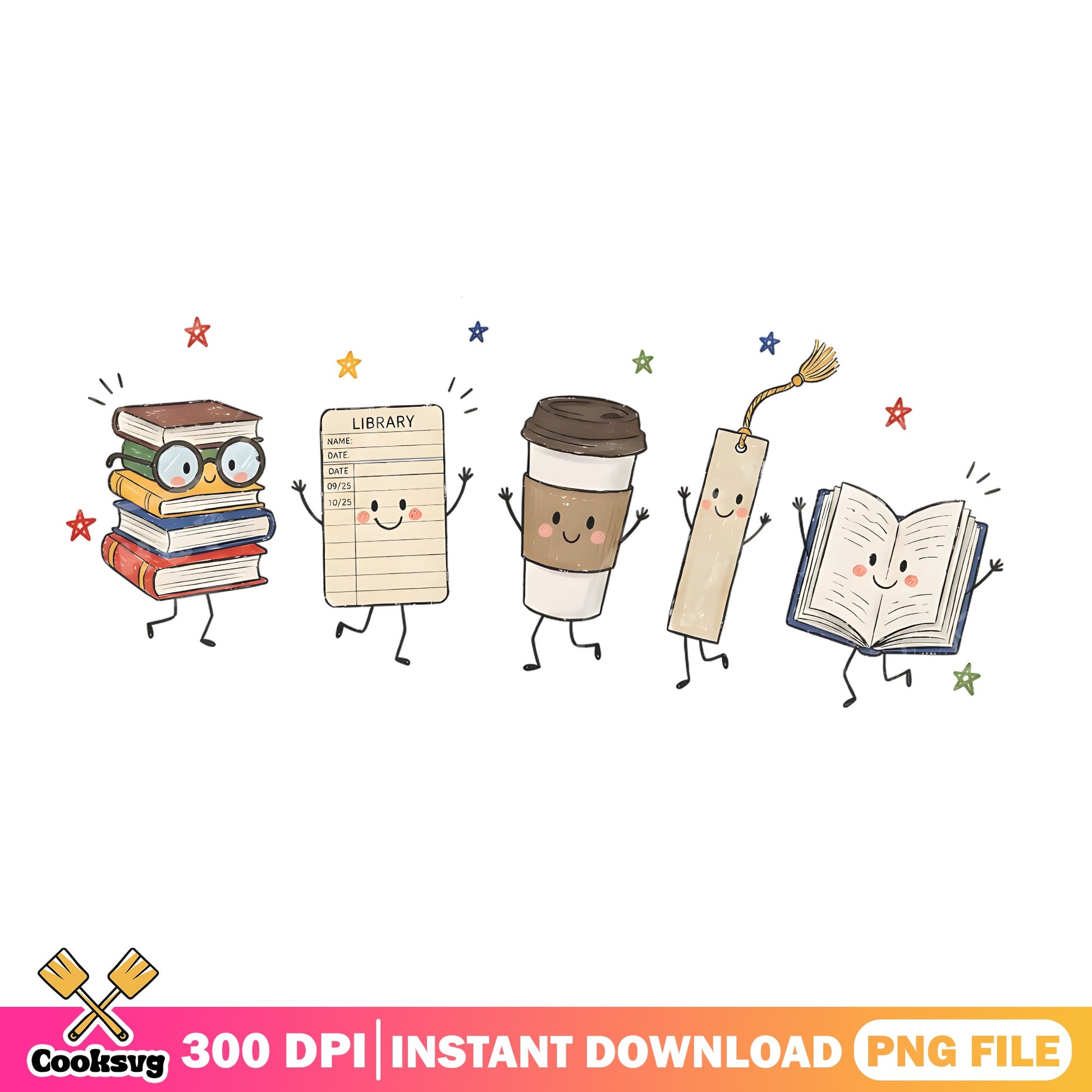 Cute Book Characters PNG, Library Reading Coffee PNG, Bookworm PNG