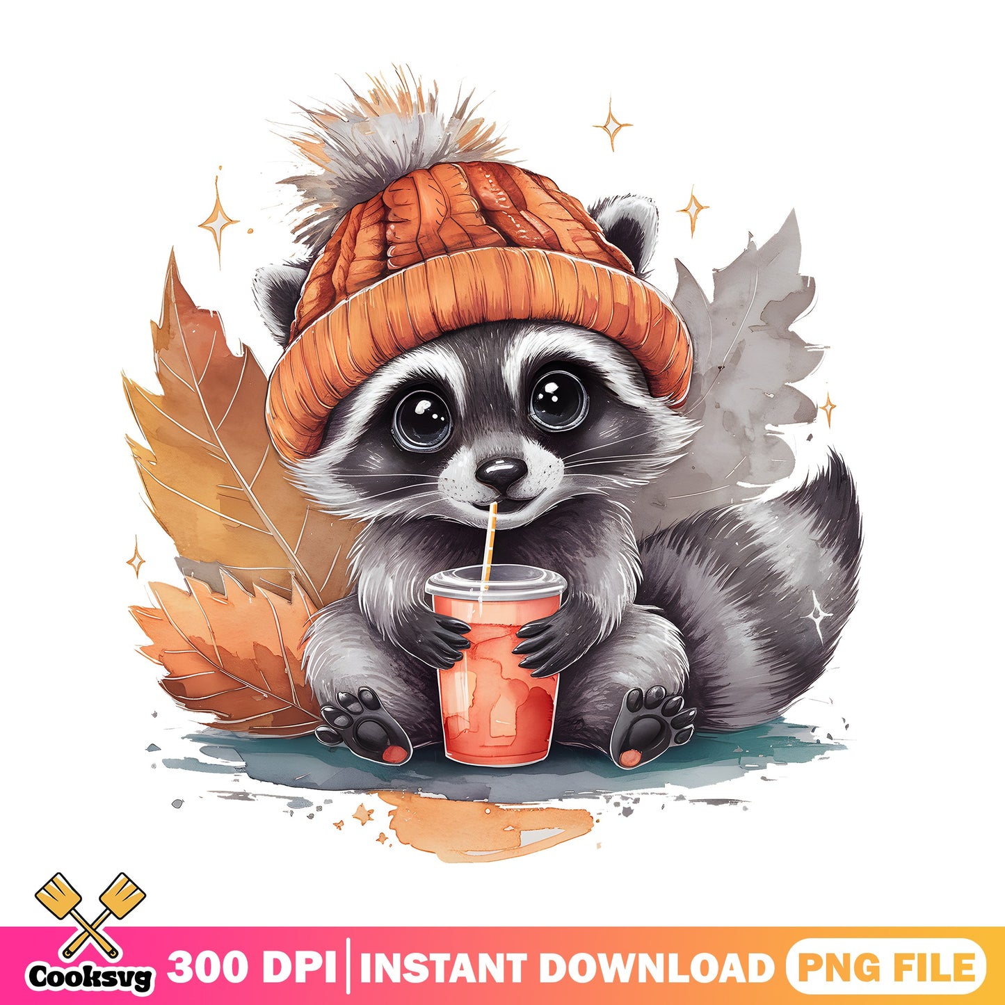 Cute Fall Raccoon With Coffee PNG, Autumn Raccoon PNG, Fall Animal PNG