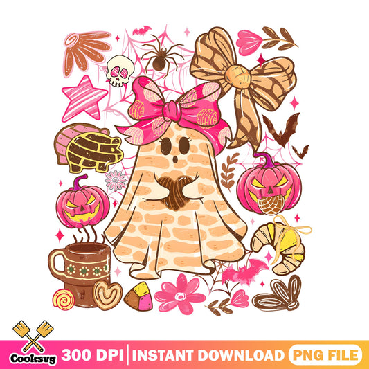 Cute Ghost Halloween PNG, Coquette Bow Pumpkin PNG, Spooky Season PNG