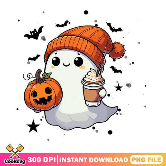 Cute Ghost Halloween PNG, Pumpkin Spice Latte PNG, Spooky PNG