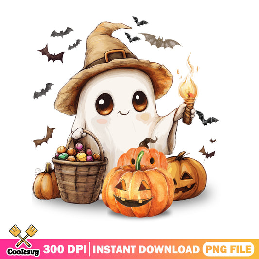 Cute Ghost Halloween PNG, Witch Hat Pumpkin PNG, Spooky Ghost Clipart PNG