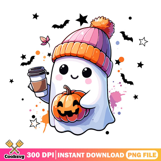 Cute Ghost Holding Coffee And Pumpkin PNG, Halloween PNG, Spooky Season PNG