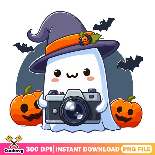 Cute Ghost Photographer Halloween PNG, Ghost Witch Hat PNG, Halloween PNG