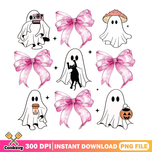 Cute Ghost Pink Bow Halloween Bundle, Spooky Ghost PNG, Halloween PNG