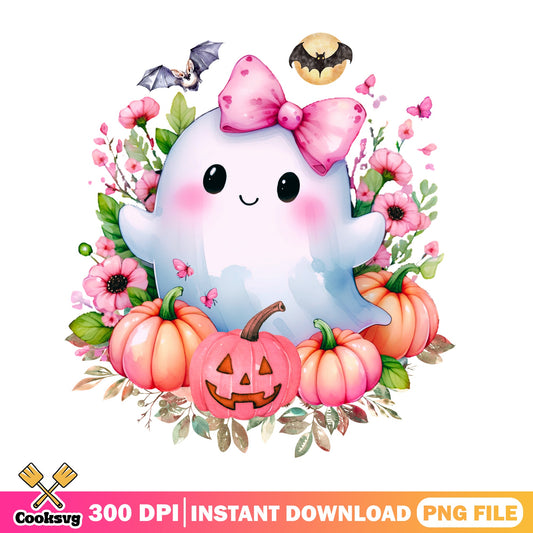 Cute Ghost Pink Bow Halloween PNG, Floral Pumpkin PNG, Halloween PNG