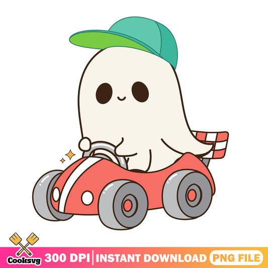 Cute Ghost Racing Car PNG, Halloween Ghost Driver, Spooky PNG