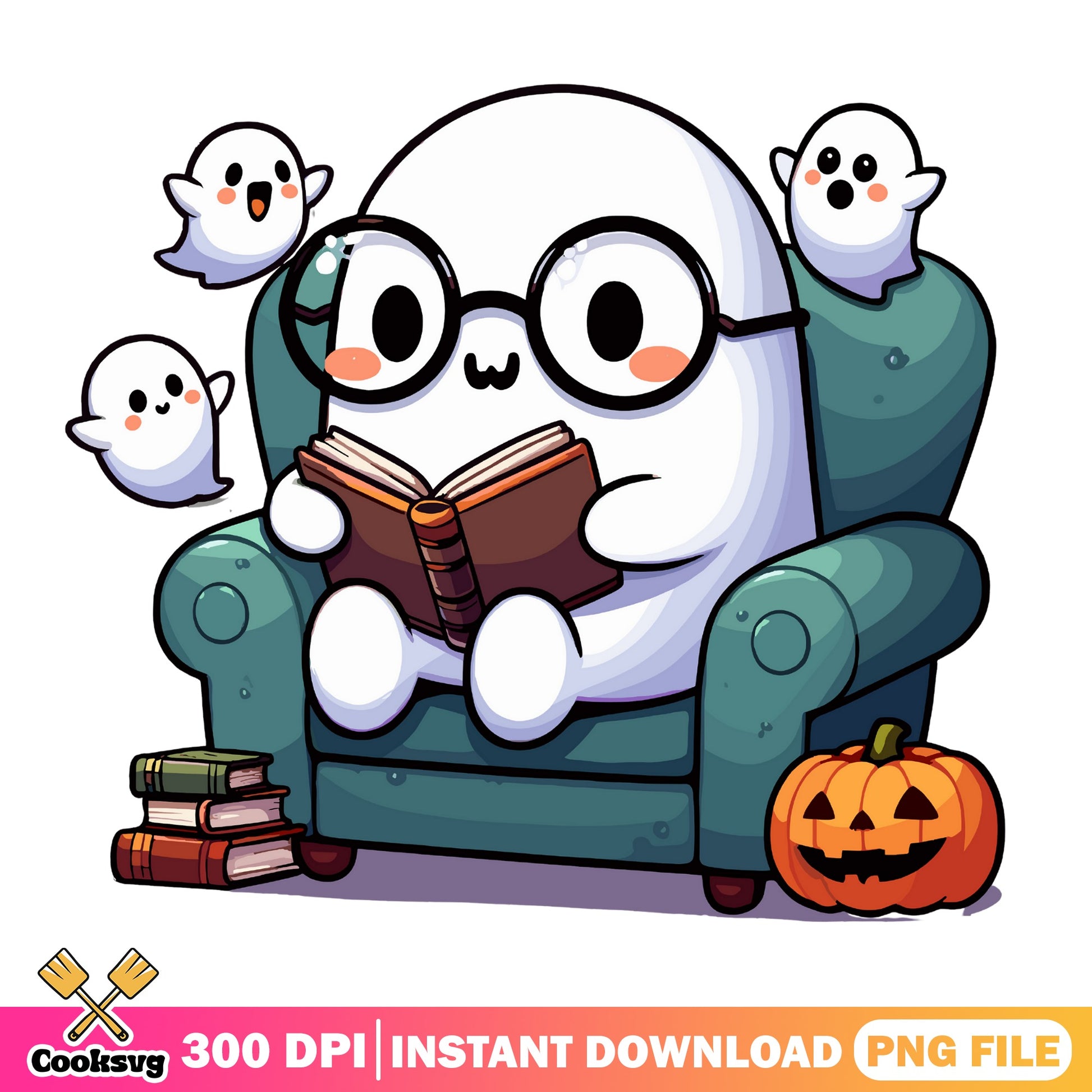 Cute Ghost Reading Book Halloween PNG, Bookish Ghost PNG, Spooky Season PNG