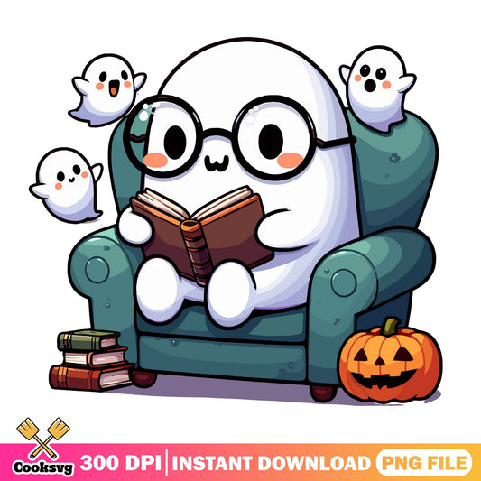 Cute Ghost Reading Book Halloween PNG, Bookish Ghost PNG, Spooky Season PNG