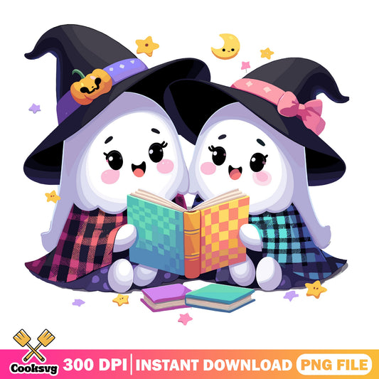 Cute Ghost Reading Book Halloween PNG, Witch Ghost PNG, Halloween PNG