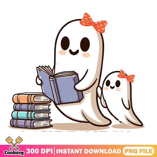 Cute Ghost Reading Book PNG, Halloween Ghost PNG, Spooky Season PNG