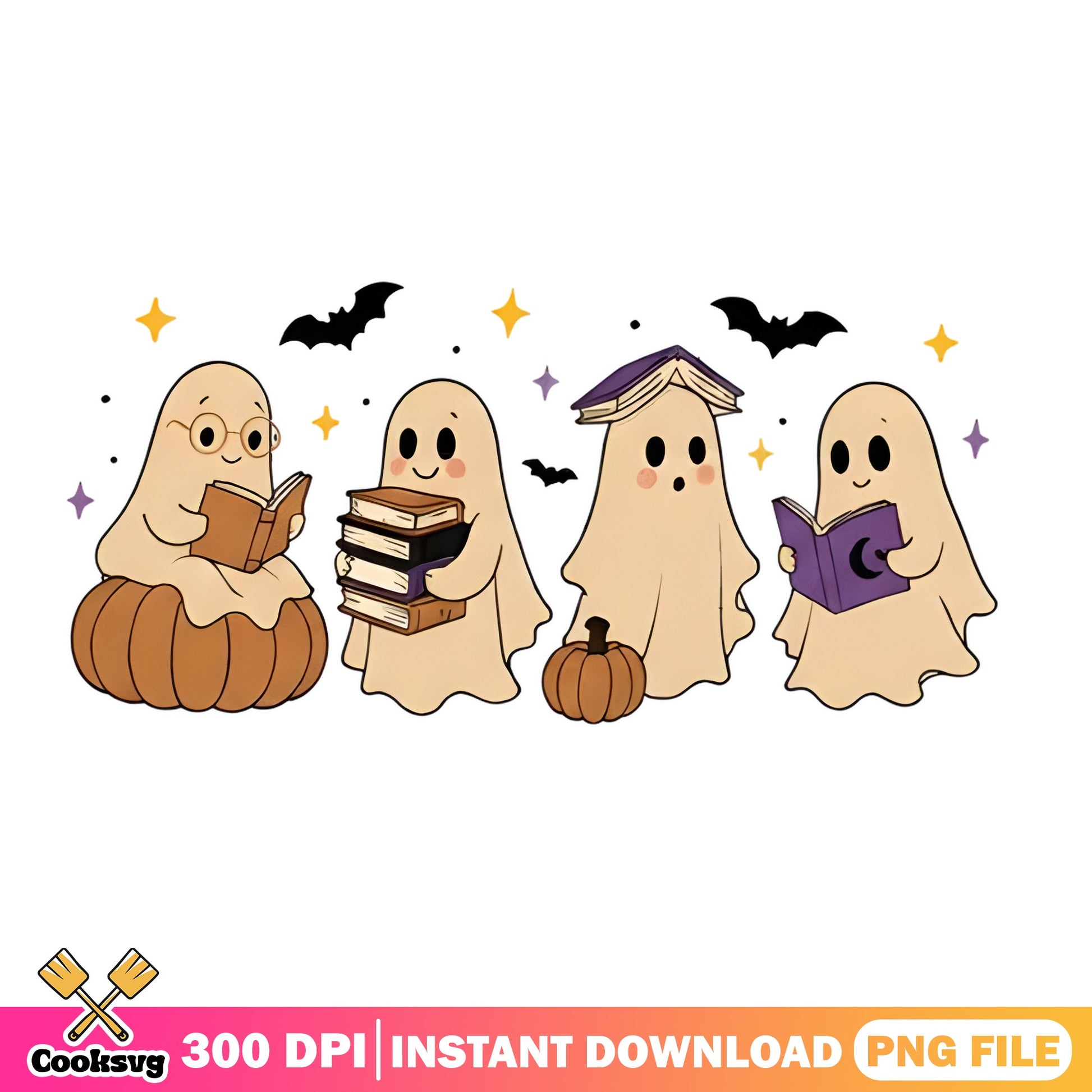 Cute Ghost Reading Books Halloween PNG, Spooky Ghost PNG, Halloween PNG