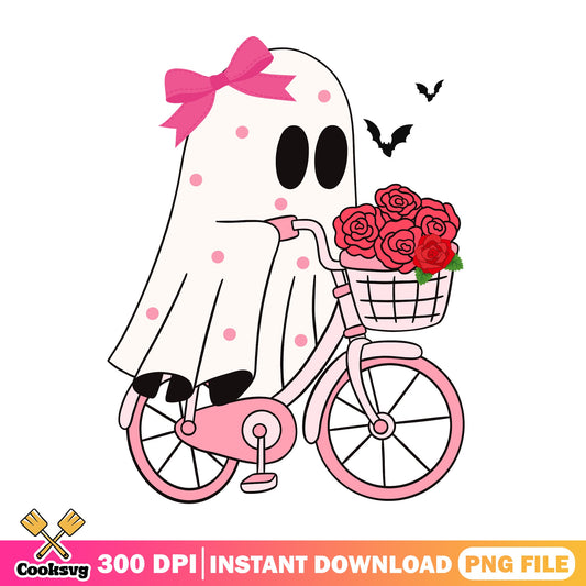 Cute Ghost Riding Bicycle With Roses PNG, Halloween PNG, Coquette Ghost PNG