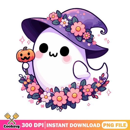 Cute Ghost Witch Hat Floral Halloween PNG, Kawaii Ghost PNG, Spooky PNG