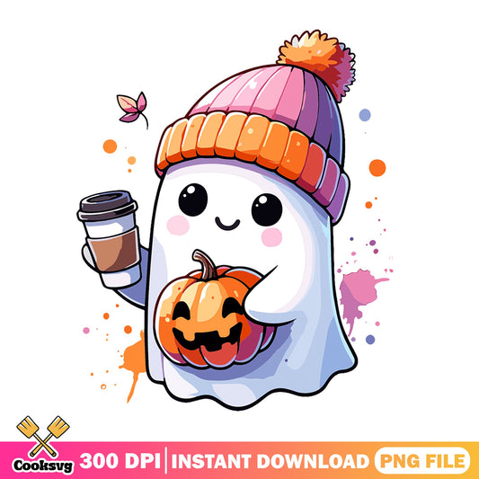 Cute Ghost With Coffee And Pumpkin, Halloween Ghost PNG, Spooky Season PNG