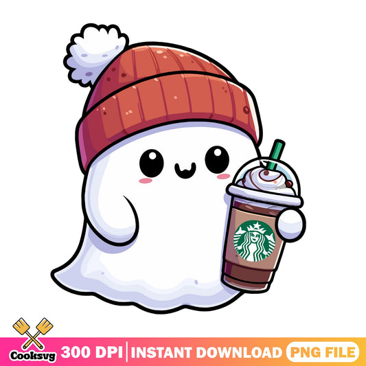 Cute Ghost With Coffee PNG, Halloween Christmas PNG, Spooky Ghost PNG