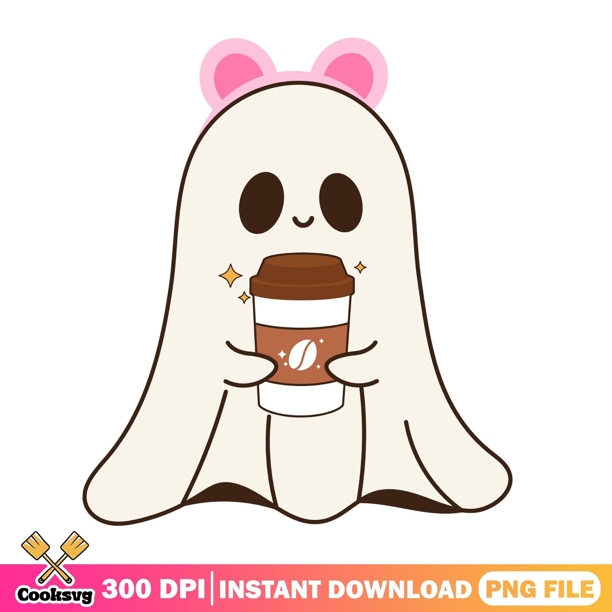 Cute Ghost With Coffee PNG, Halloween Ghost PNG, Spooky Season PNG