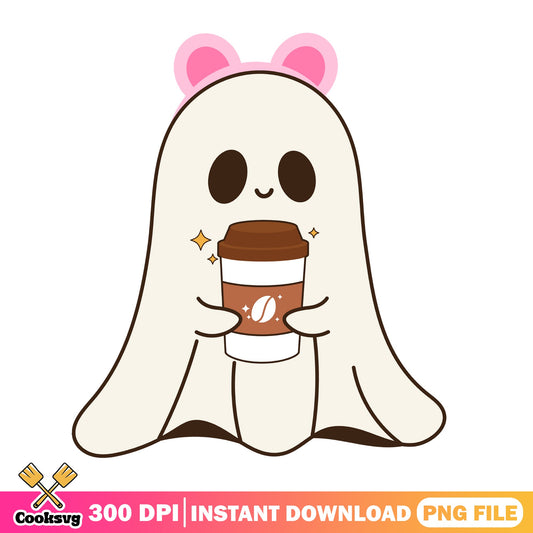 Cute Ghost With Coffee PNG, Halloween Ghost PNG, Spooky Season PNG
