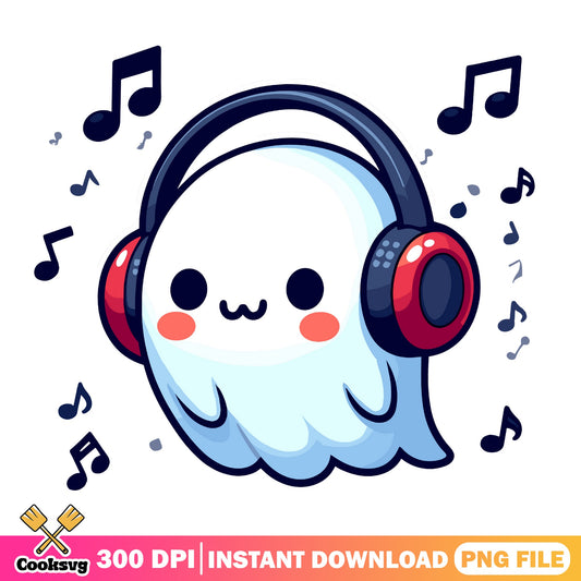 Cute Ghost With Headphones PNG, Halloween Ghost PNG, Music Ghost PNG