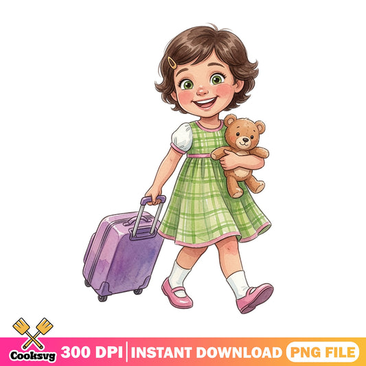 Cute Girl With Suitcase PNG, Travel Girl Clipart, Kids PNG