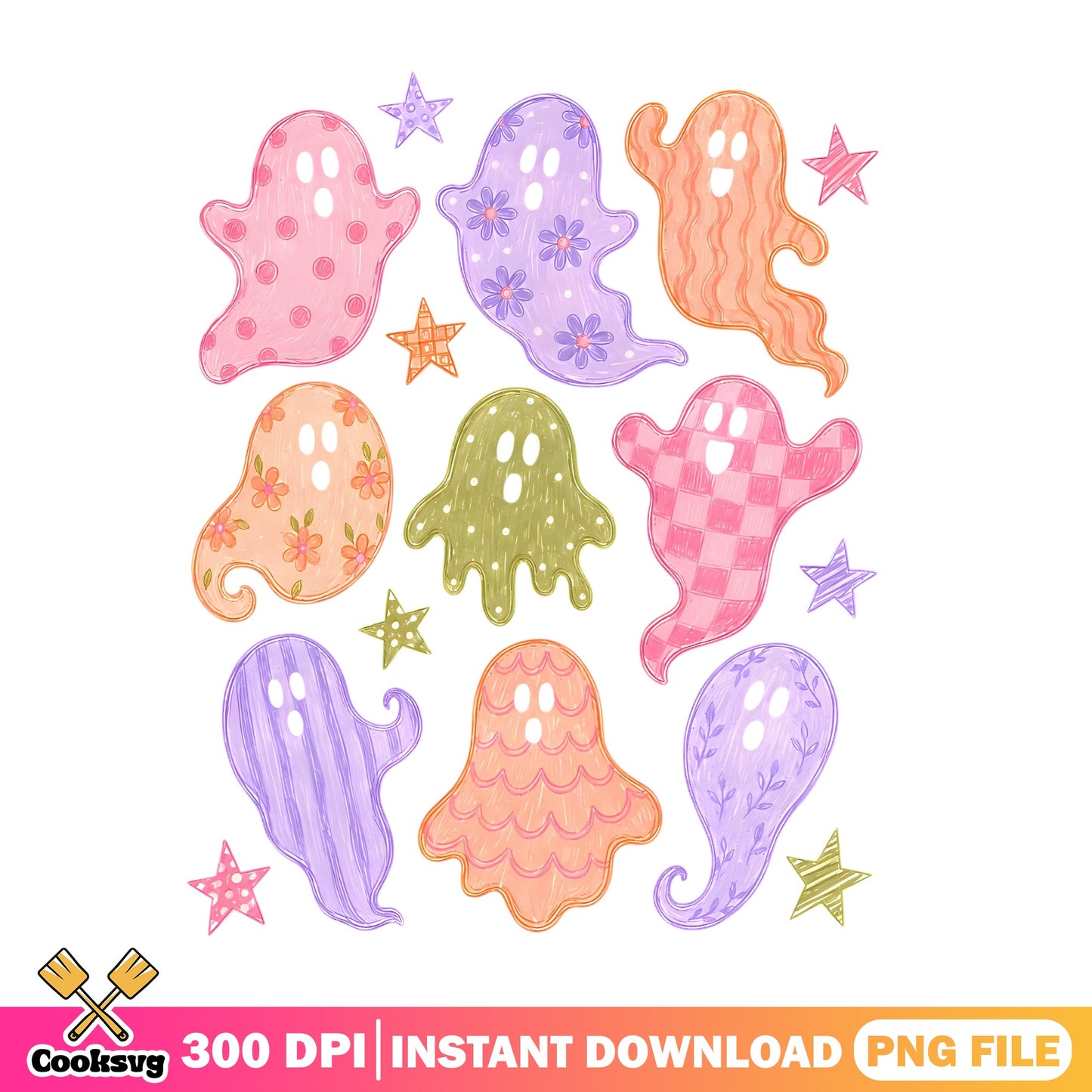 Cute Halloween Ghost Bundle PNG, Groovy Ghost Clipart, Halloween PNG