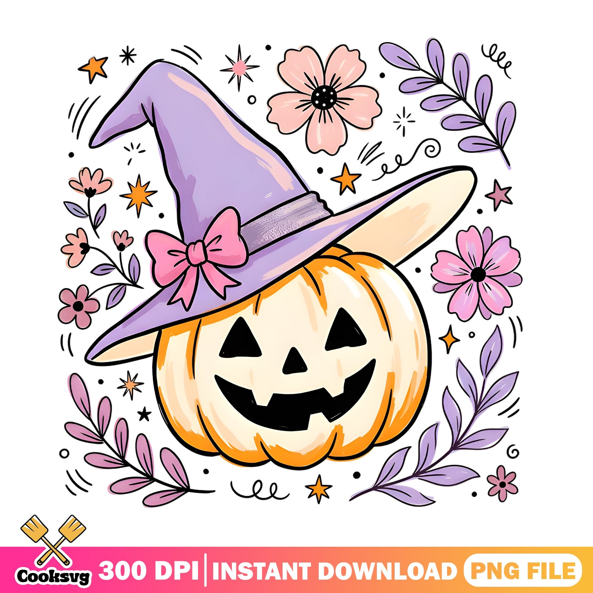 Cute Halloween Pumpkin Witch Hat PNG, Floral Jack O Lantern PNG