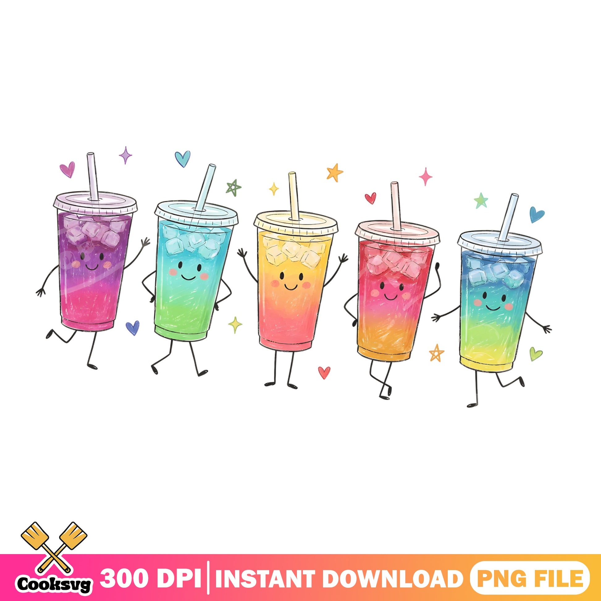 Cute Iced Drink Characters PNG, Rainbow Summer Drinks PNG, Kawaii Cup PNG