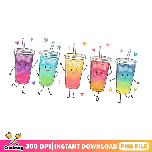 Cute Iced Drink Characters PNG, Rainbow Summer Drinks PNG, Kawaii Cup PNG