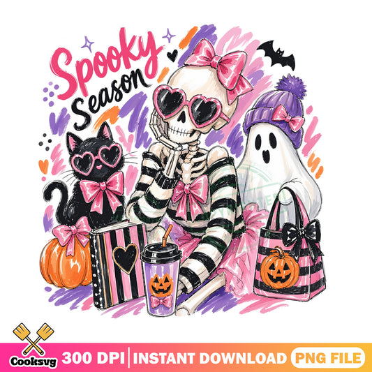 Cute Skeleton Halloween PNG, Spooky Season Ghost PNG, Pink Halloween PNG