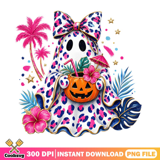 Cute Tropical Ghost Halloween PNG, Leopard Bow Ghost PNG, Spooky PNG