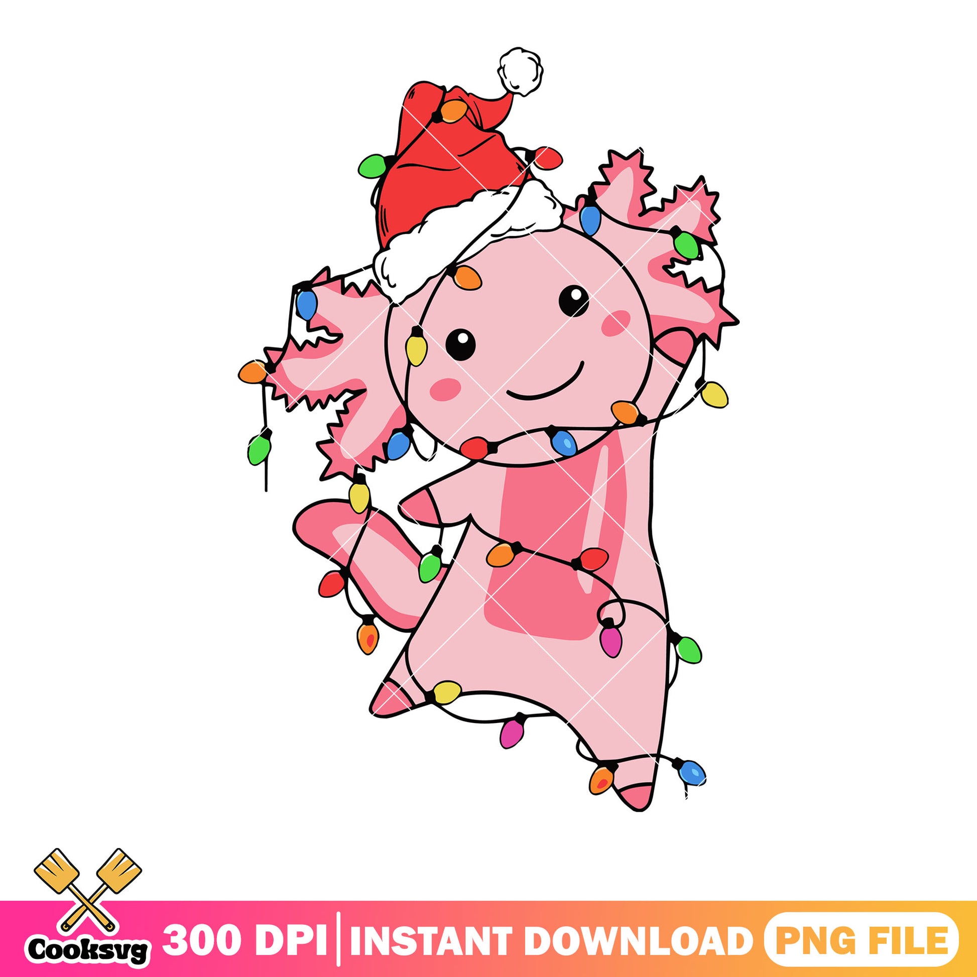 Cute axolotl christmas png, axolotl in lights png, santa hat png