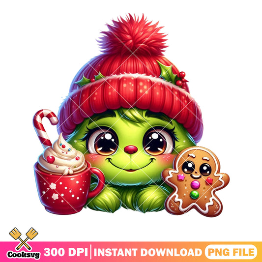 Cute baby grinch face png, grinch hot drink chocolate png, cute png