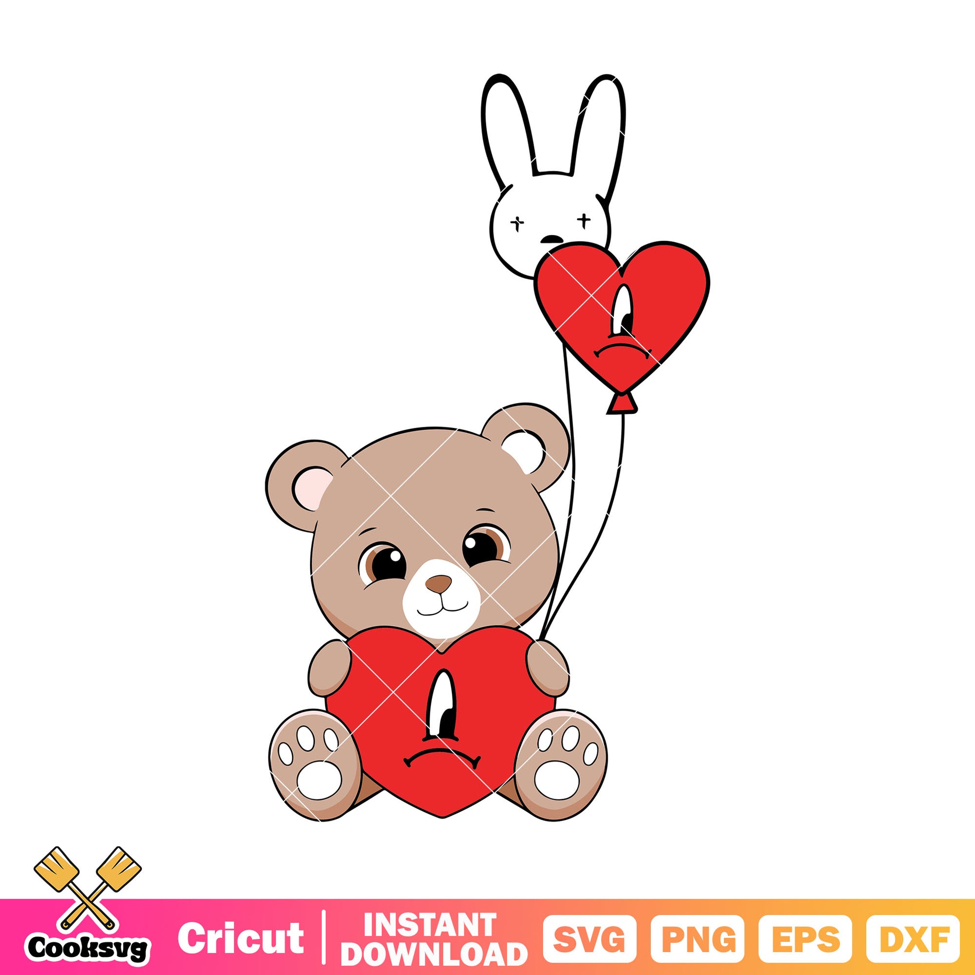 Cute bear and heart bad bunny svg, heart bad bunny svg, valentines day bear​ svg