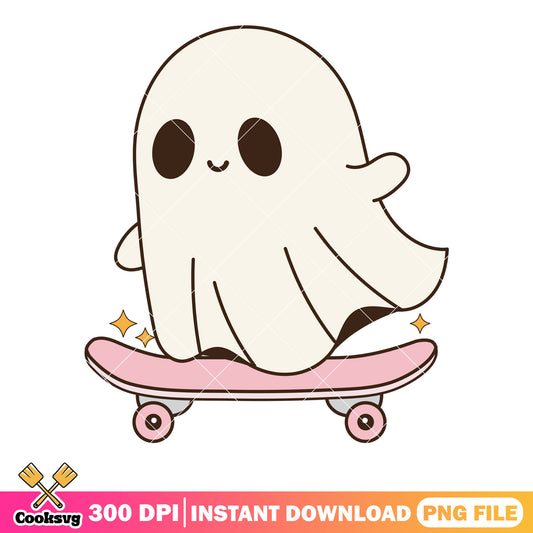 Cute chibi Baby ghost png, skateboard png, scary halloween night png 