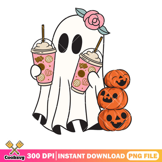 Cute chibi ghost flower png, wicker pumpkin png, halloween scary png