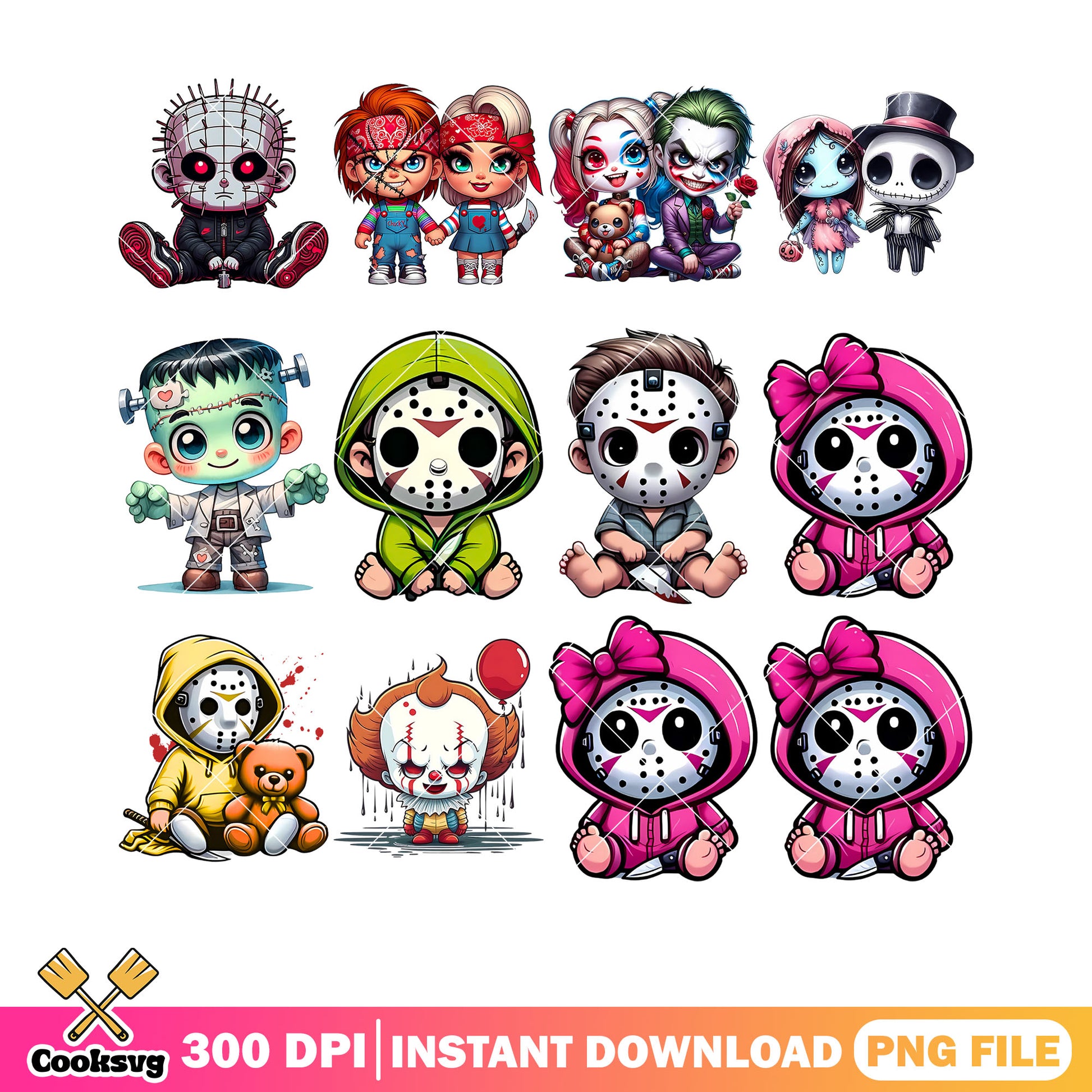 Cute chibi horror character png bundle, pennywise png, jason voorheez png