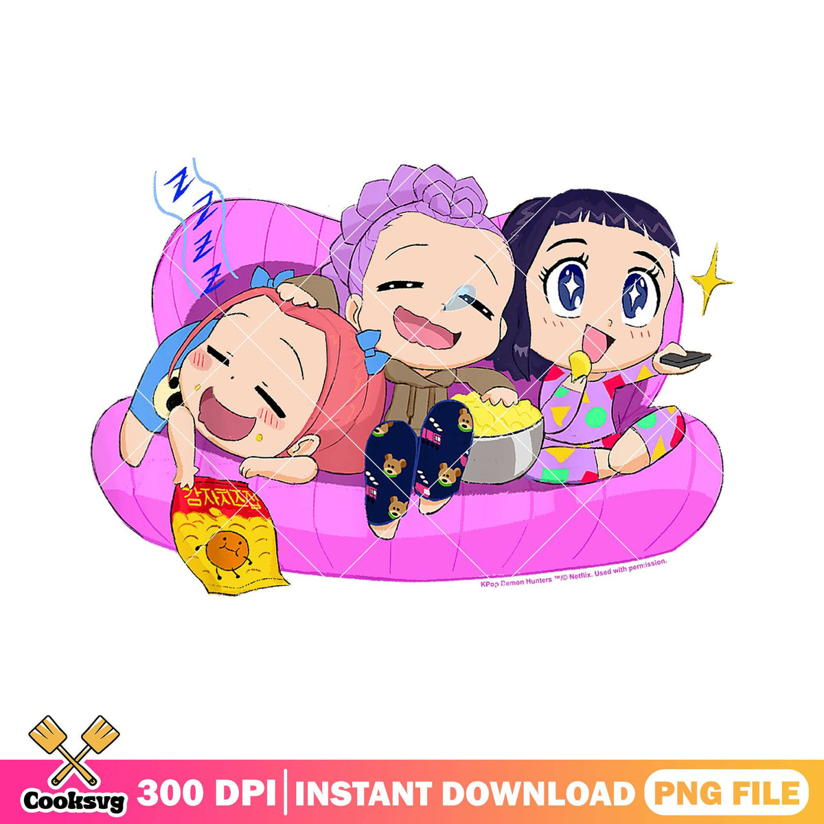 Cute chibi huntrix on sofa png, kpop hunters png, huntrix member png