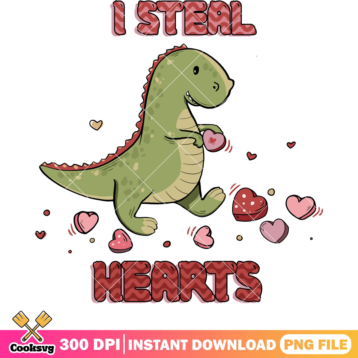 Cute dinosaur I steal hearts png, heart valentine png, cute valentine png