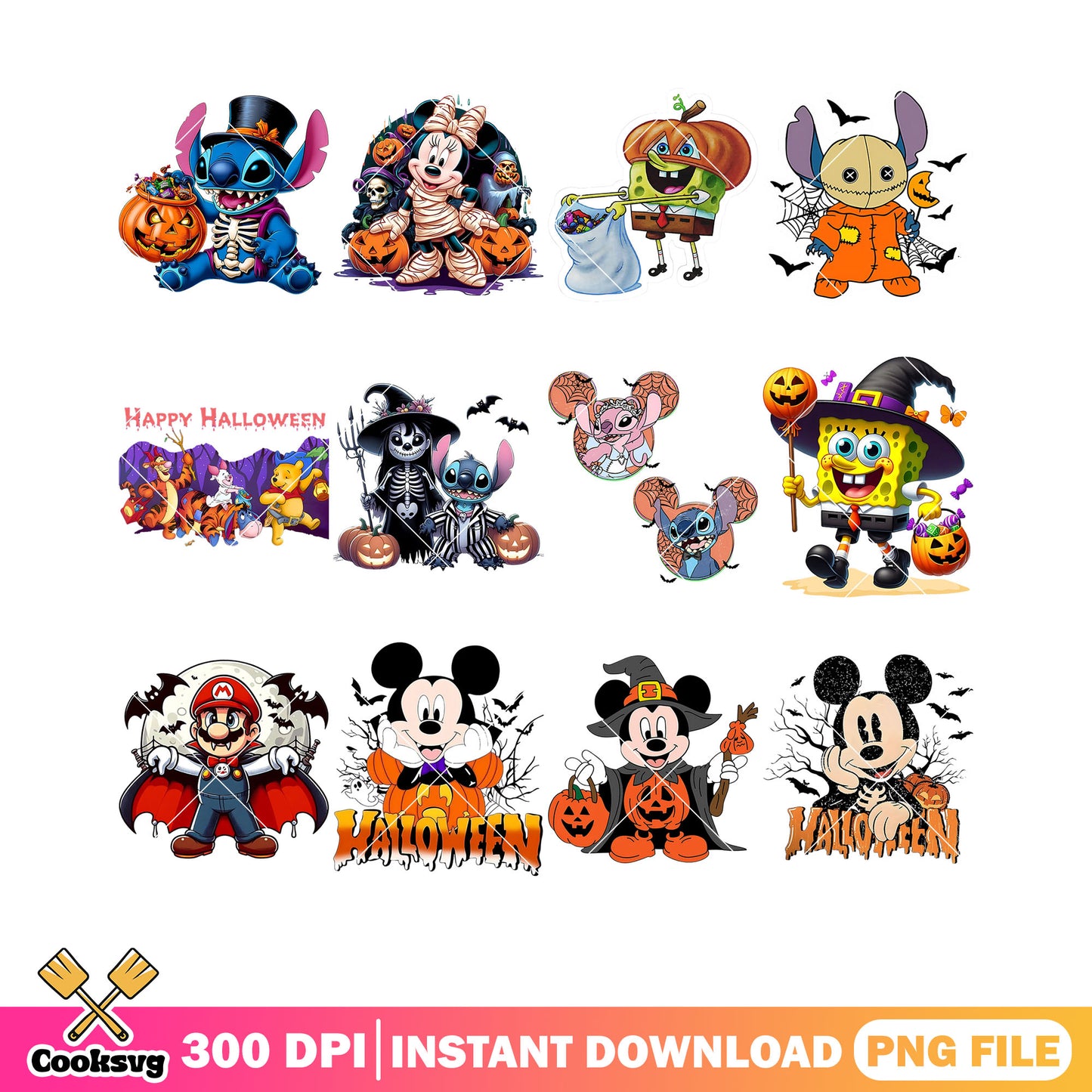 Cute disney character png bundle, sponge bob square png, skeleton costume png