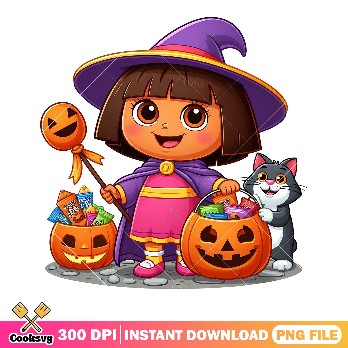 Cute dora scary pumpkin png, witch costume png, scary halloween png