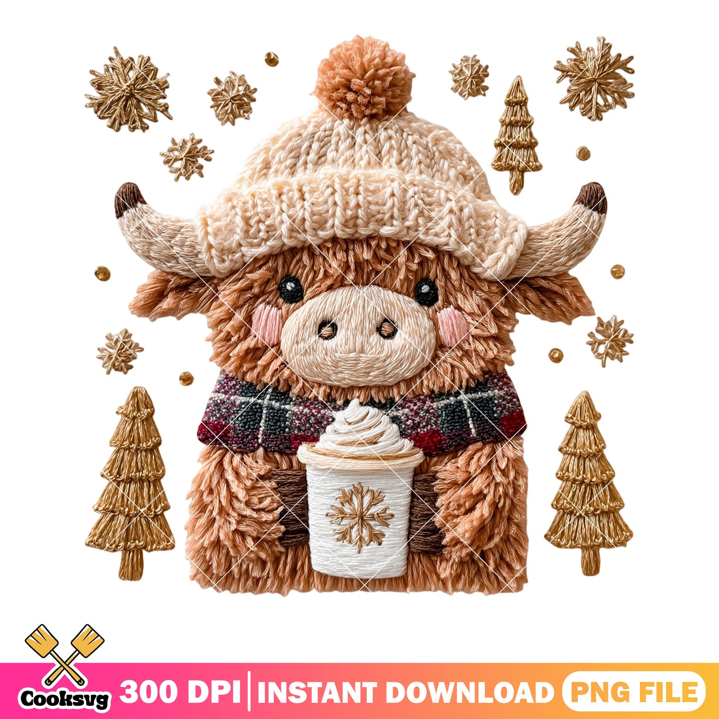 Cute fluffy buffalo png, christmas gifts png, hot chocolate​ png