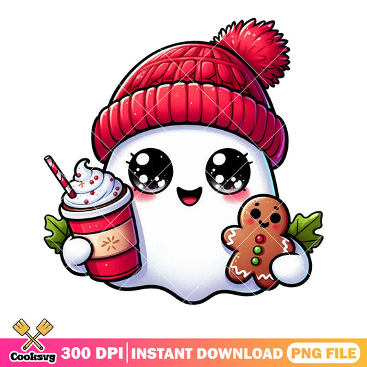 Cute ghost holding png, hot cocoa and cookie png, ghost cartoon png